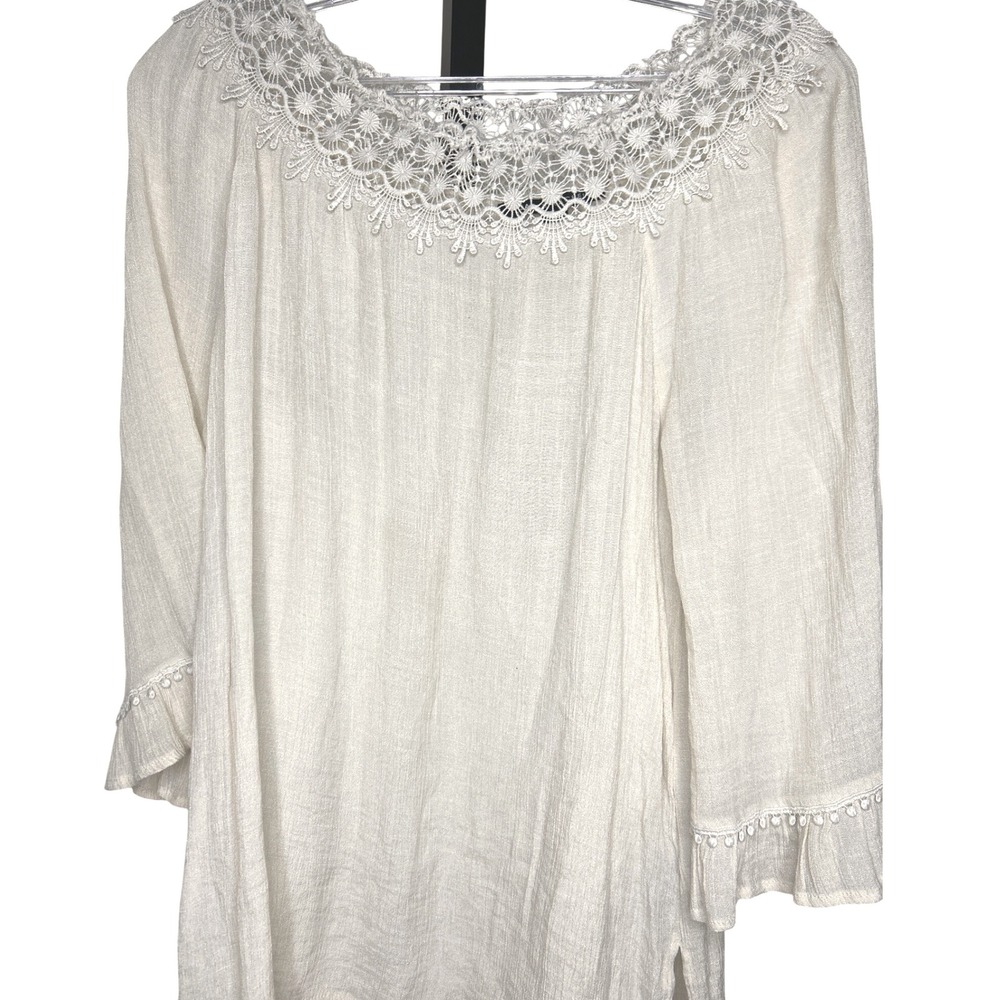 ZAC & RACHEL Women SMALL Cream Lace Neck 3/4 Sleeve Tunic Top  S‎
